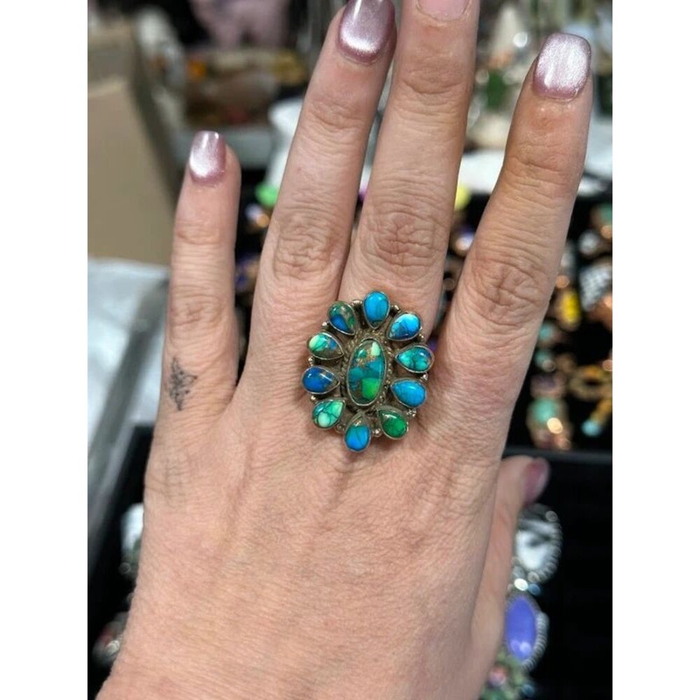 Peacock Dahlia Turquoise 11 Stone Cluster Pure Copper Bypass Ring Size 9